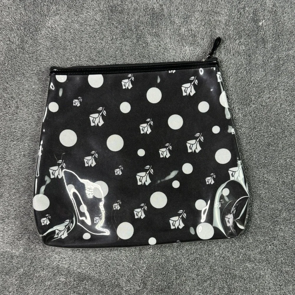 Lancome Black White Polka Dot Rose Floral Vinyl Cosmetic Makeup Bag Pouch 12x9.5